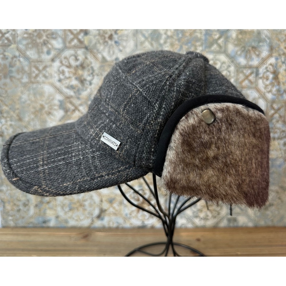Comhats Plaid Trapper Ear Flap Wool Blend Hat Mens L Grey Excellent